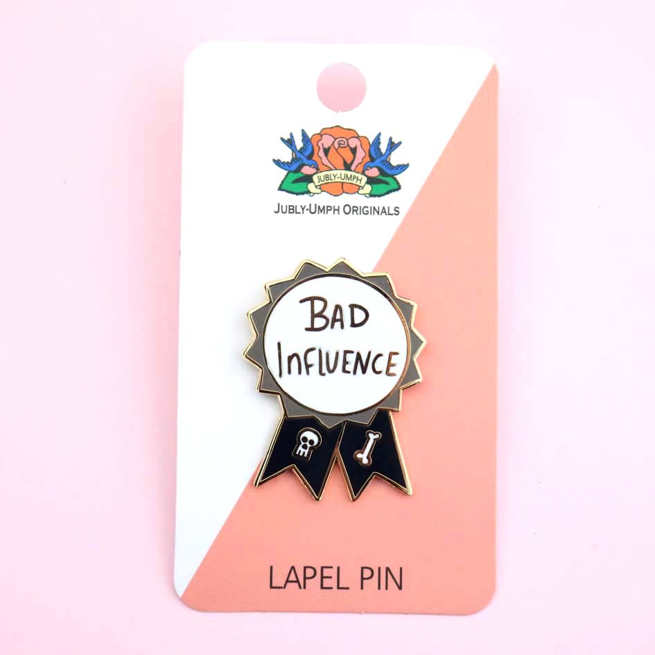 Bad Influence Lapel Pin on a card