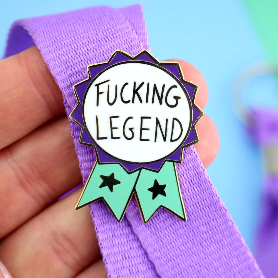 Fucking Legend Lapel Pin on a Lanyard