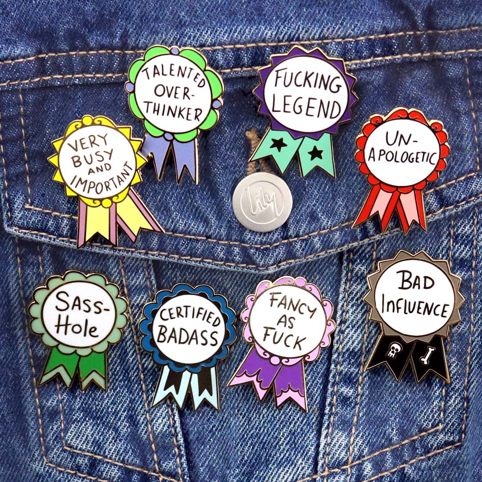 Fancy As Fuck Lapel Pin on demin jacket with other pins